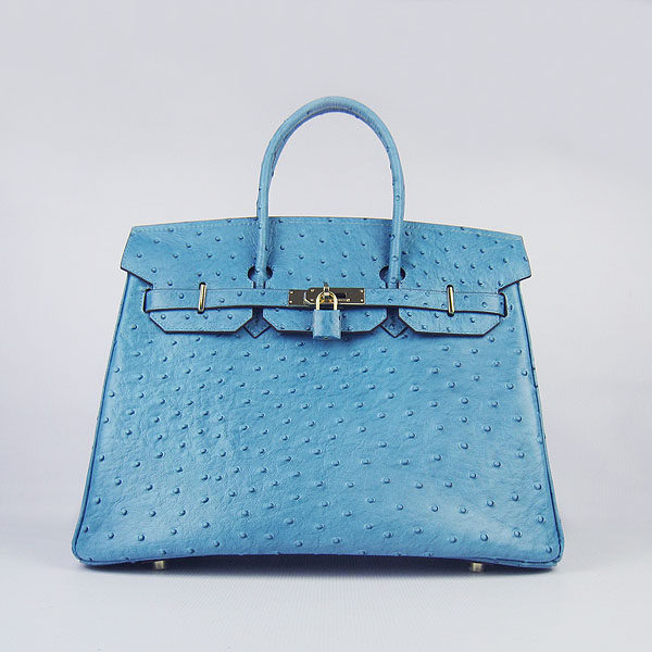 High Quality Fake Hermes Birkin 35CM Ostrich Veins Handbag Blue 6089 - Click Image to Close